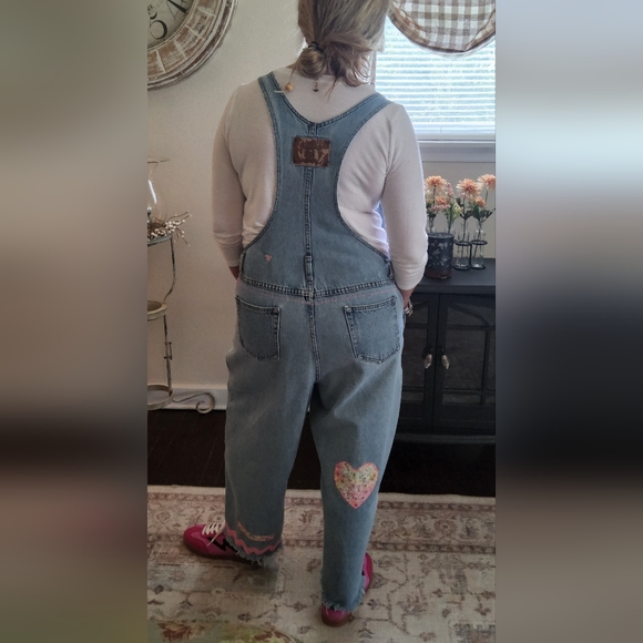 Women's Blue Denim Overalls with Colorful Patches - Picture 2 of 15